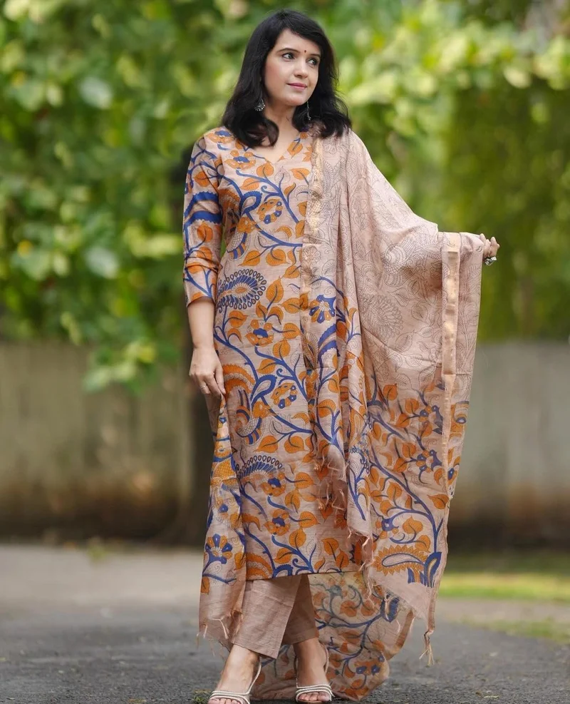 GoSriKi  GoSriKi Women's Rayon Blend Printed Straight Kurta with Pant & Dupatta (Kalam Chiku-GS_3XL_Beige_XXX-Large) for Women | Best Price UAE